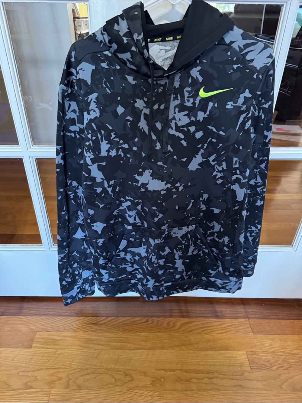 Nike Black & Gray Camo Hoodie with Neon Green Swoosh
